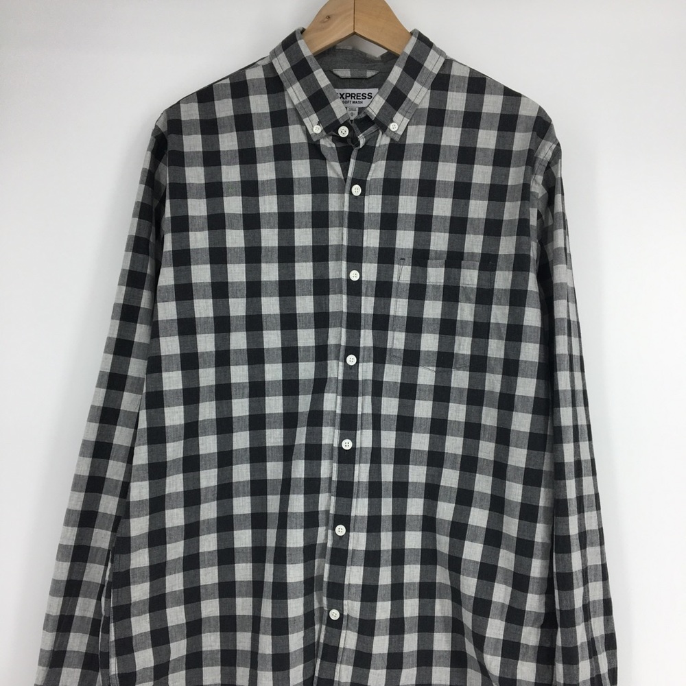 Express Men Black Checked Plaid Button Up Shirt - image 2